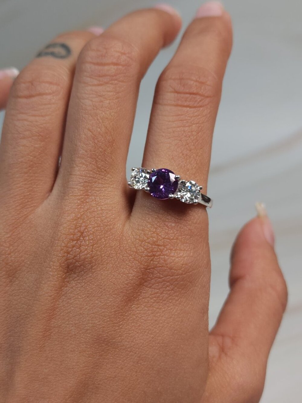 Simulated Amethyst & 1Ct Lab Grown Diamond Round ring .925 Sterling Silver